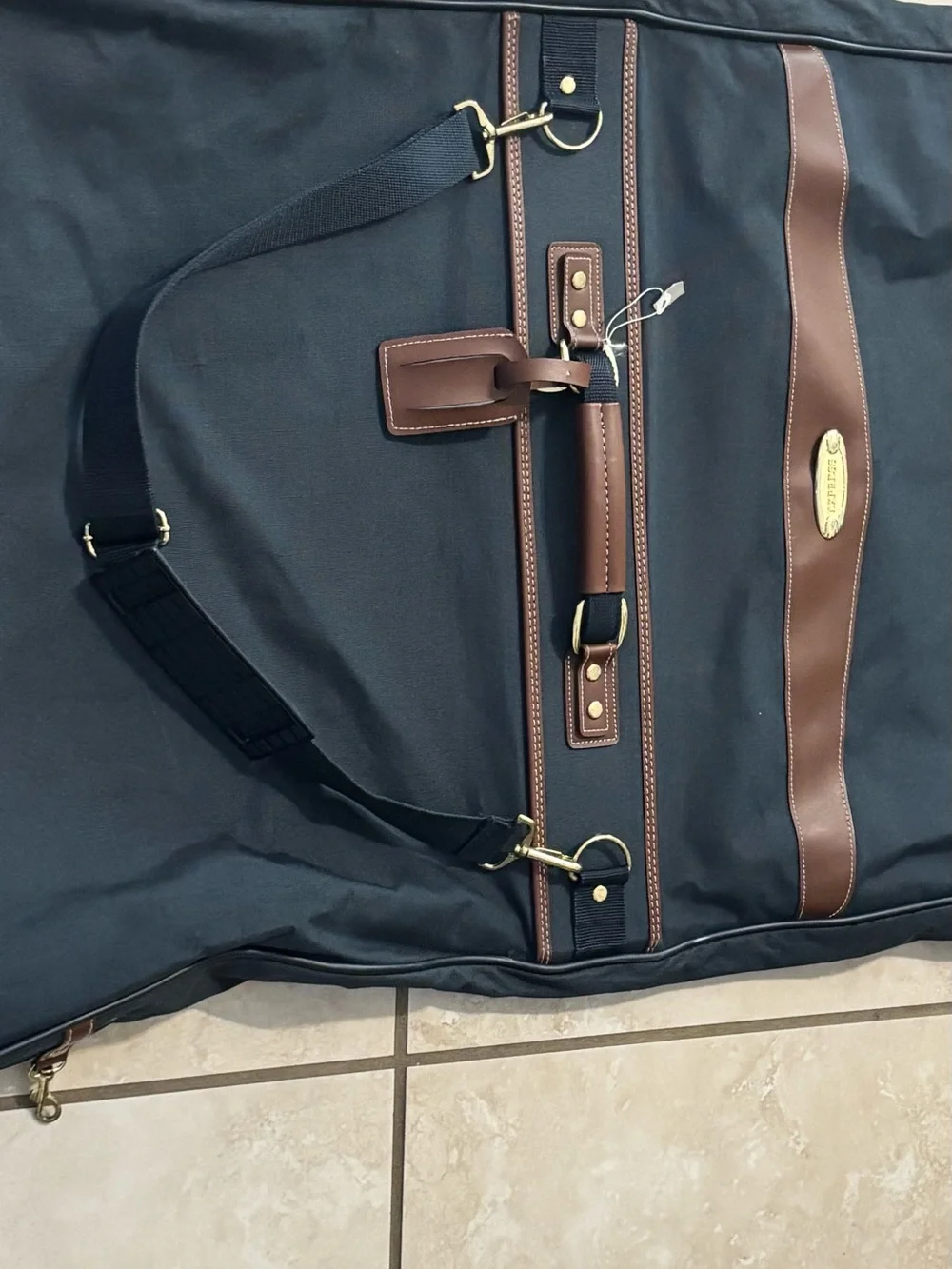 Express Navy Garment Bag with Brown Trim and Hanging Hook